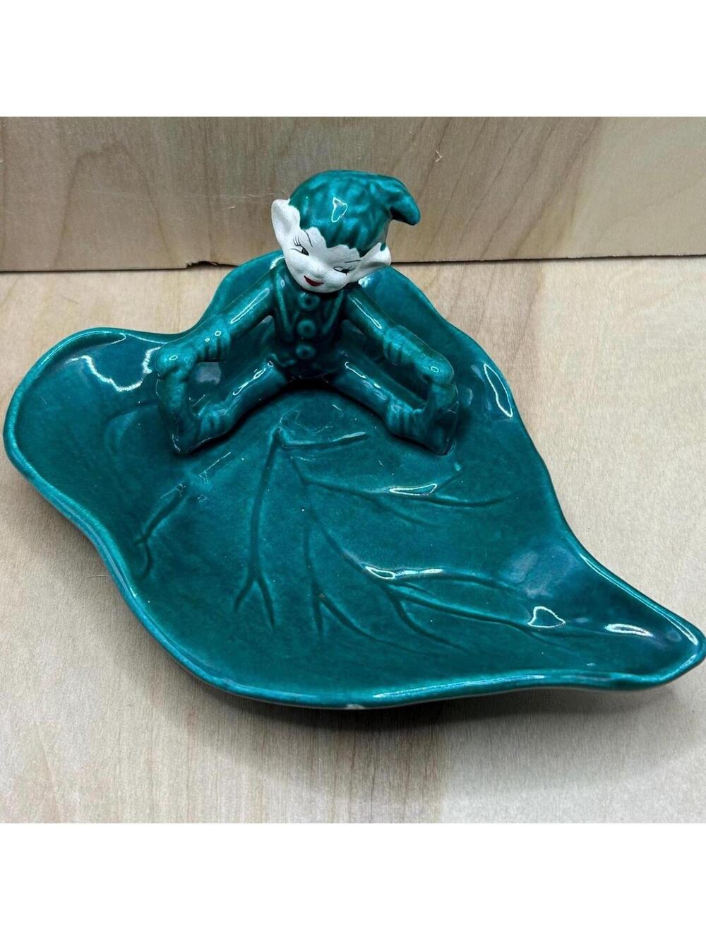 Green Elf on a Leaf Ceramic Trinket Dish